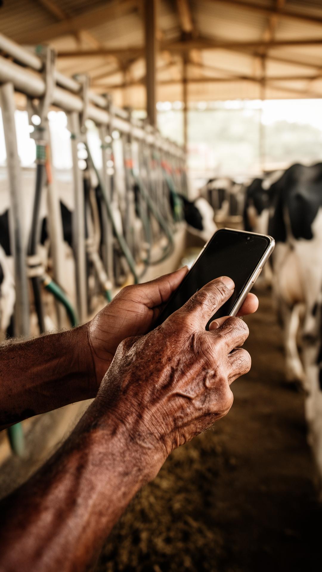 Produtor anotando lançamento pelo celular na sala de ordenha